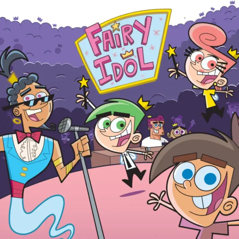 Promotional scene from The Fairly OddParents TV show: Timmy Turner with Cosmo, Wanda and others on a colorful Fairy Idol talent stage.