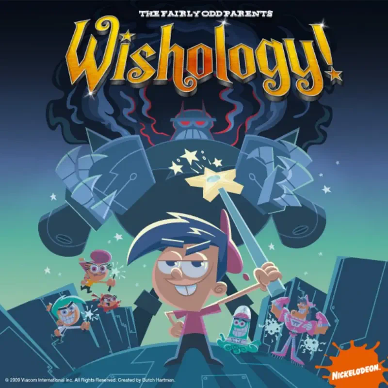 The Fairly OddParents TV show Wishology poster: Timmy Turner raises a glowing wand with his fairy sidekicks as a giant shadowy robot villain looms behind them.