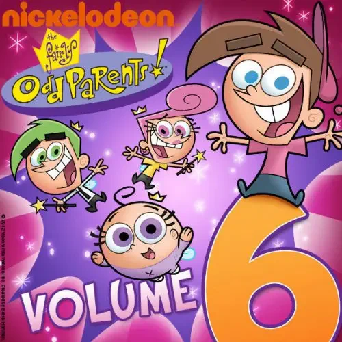 The Fairly OddParents TV show cover art: Timmy Turner with fairy godparents Cosmo, Wanda and baby Poof floating above a large orange 6 and the Nickelodeon logo.