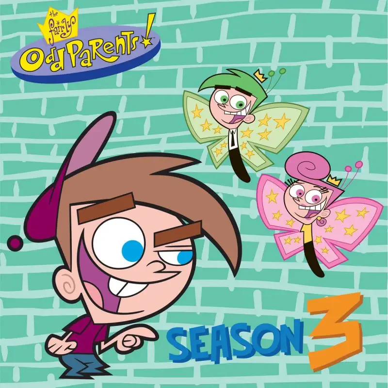 The Fairly OddParents TV show image: Timmy Turner grinning with fairy godparents Cosmo and Wanda fluttering above, Season 3 text over a turquoise brick background.