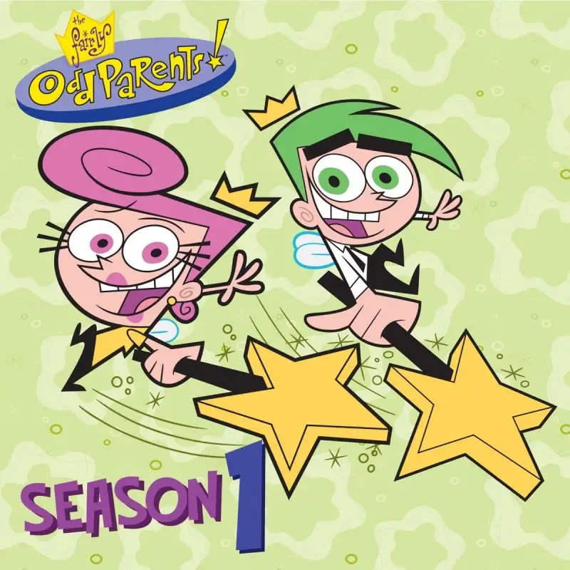 The Fairly OddParents TV show Season 1 cover: fairy godparents Cosmo and Wanda wearing crowns and holding wands, flying over yellow stars on a light green patterned background.