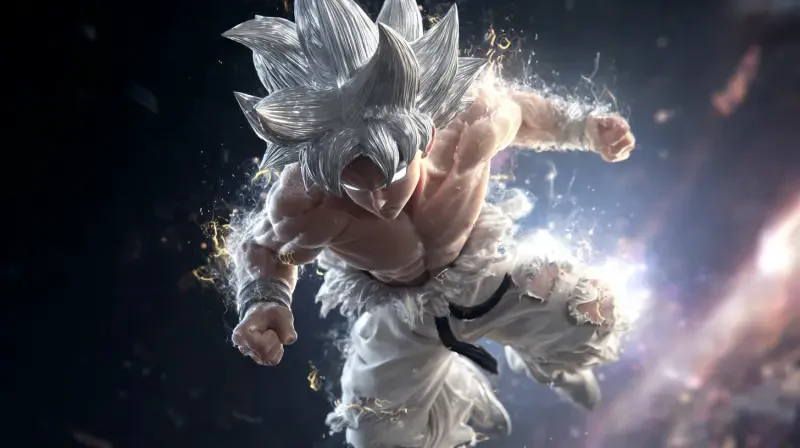 Dragon Ball mobile phone wallpaper showing Ultra Instinct Goku lunging forward, white hair, torn gi and luminous aura amid sparks and cosmic light.