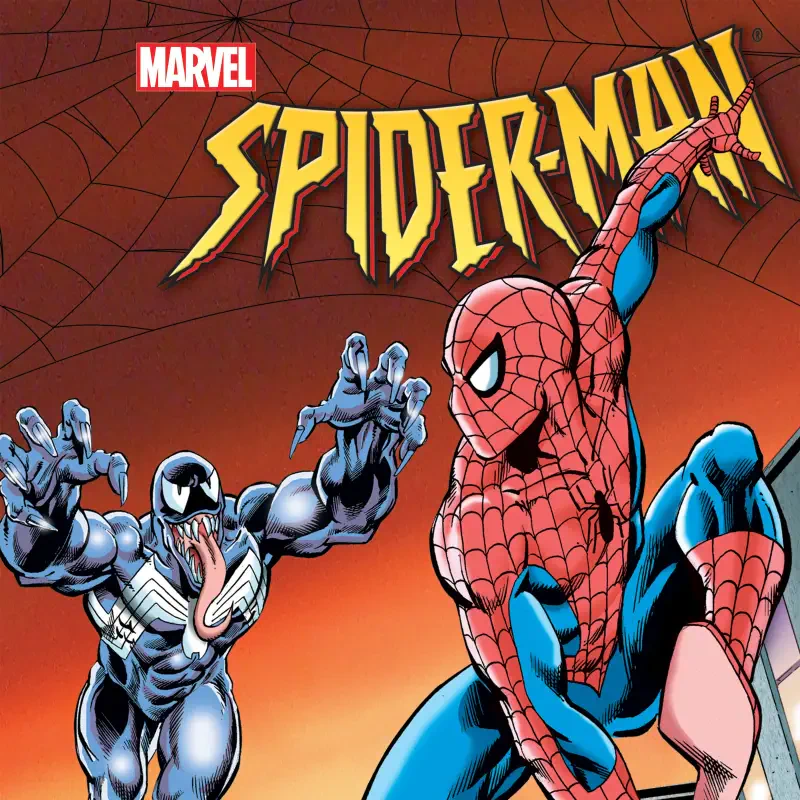 Promotional TV show image: Spider-Man lunges at Venom beneath the Spider-Man: The Animated Series logo on a webbed, orange background.