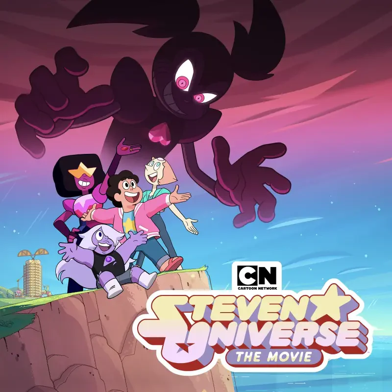 Steven Universe: The Movie poster — Steven and the Crystal Gems stand on a cliff as a menacing shadowy figure looms behind them, with the film logo visible.