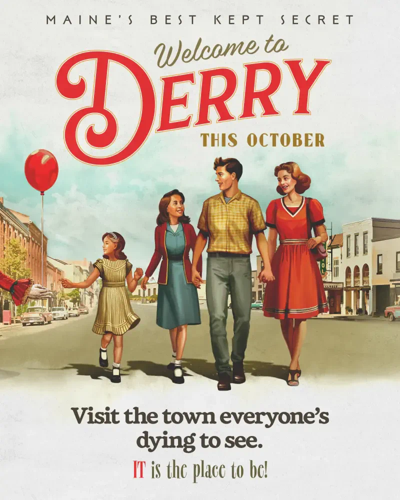 Poster for TV show It: Welcome to Derry — four town residents hold hands walking down a vintage main street; a red balloon floats at the left.