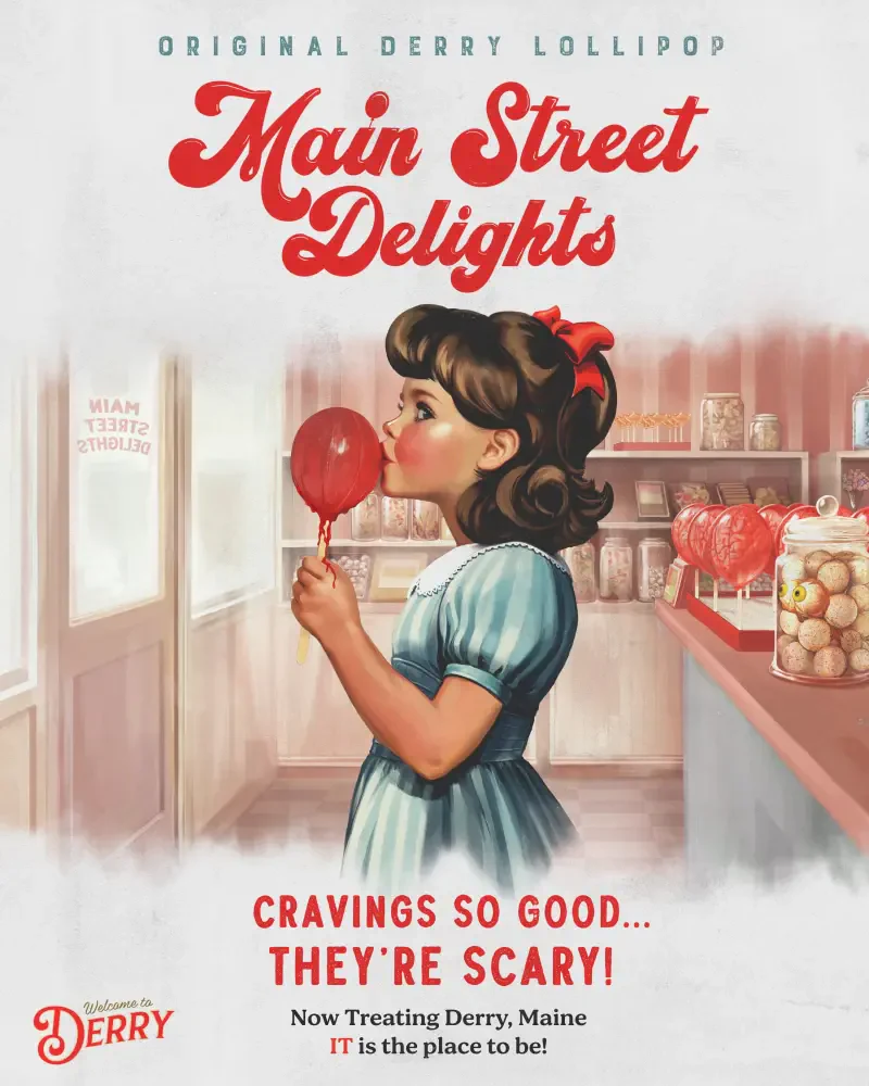 It: Welcome to Derry, TV Show poster — retro Main Street Delights candy ad: girl in a blue dress licking a red lollipop inside a vintage candy shop.