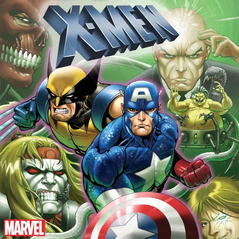 X-Men: The Animated Series TV show artwork — X-Men logo with Wolverine front and center, Captain America's shield and several mutant faces surrounding a green-faced villain.