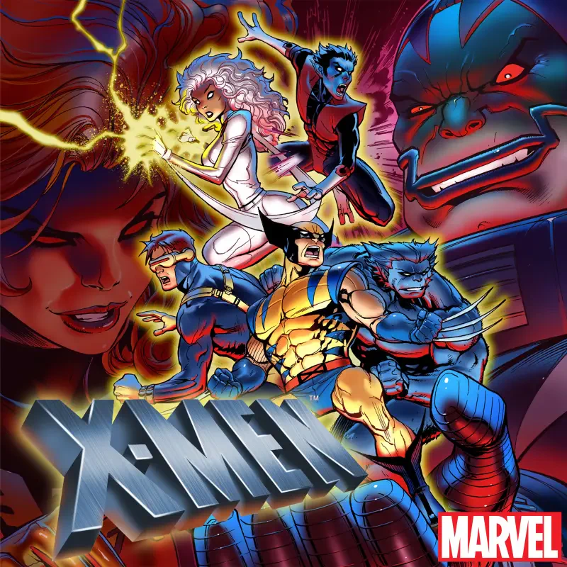 X-Men '92 / X-Men: The Animated Series poster: Wolverine, Cyclops, Storm, Nightcrawler and Rogue in dynamic poses over a bold X-Men logo with Marvel TV show branding.