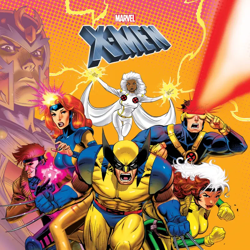 X-Men '92 / X-Men: The Animated Series TV art: Wolverine center, flanked by Cyclops, Storm, Jean Grey, Rogue and Gambit in classic yellow-and-blue costumes on a vibrant orange background.