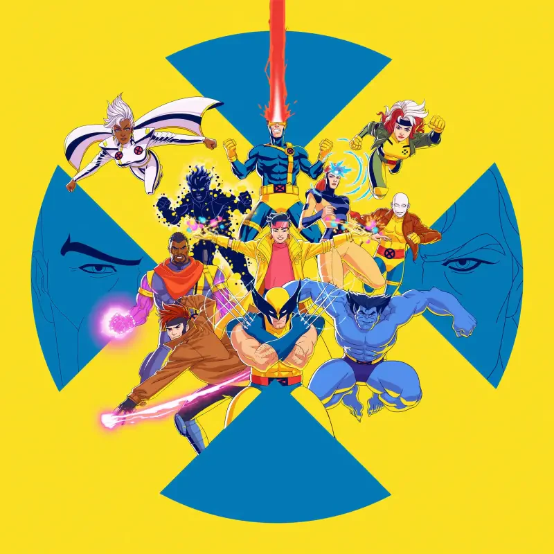 Promotional art for the X‑Men '97 TV show: animated X‑Team — Cyclops, Wolverine, Storm, Rogue, Beast and others — bursting from a blue X symbol on a bold yellow background.