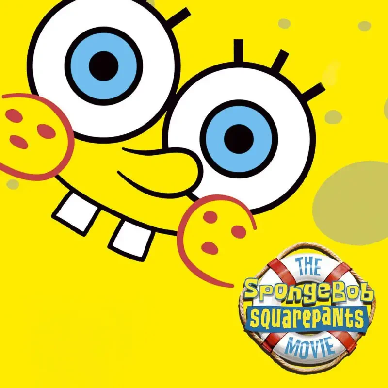 Close-up of SpongeBob SquarePants smiling with The SpongeBob SquarePants Movie logo against a bright yellow background.