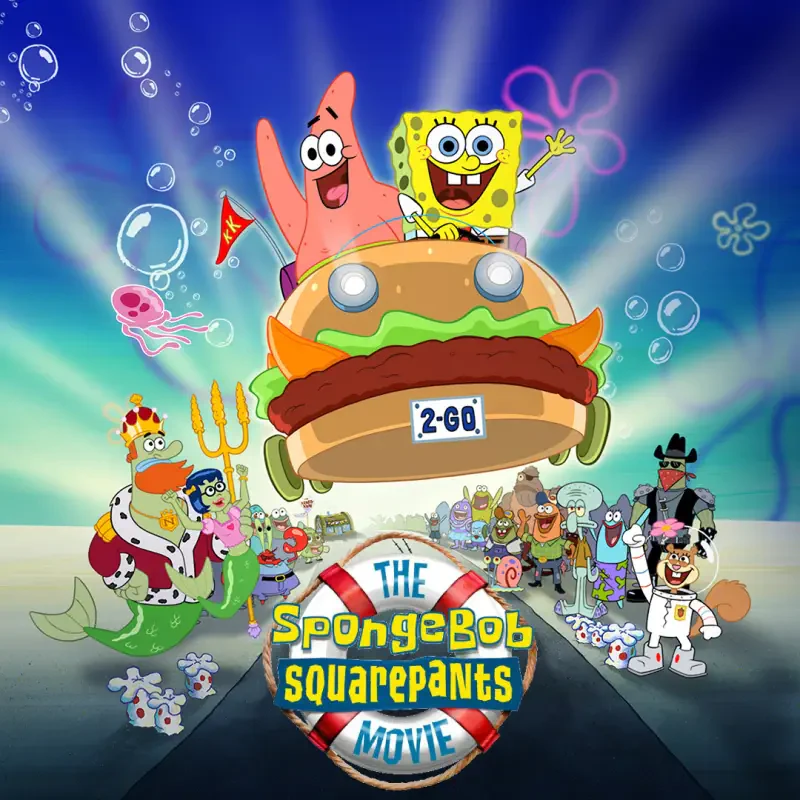 The SpongeBob SquarePants Movie poster: SpongeBob and Patrick ride a flying Krabby Patty car over Bikini Bottom as other characters cheer.