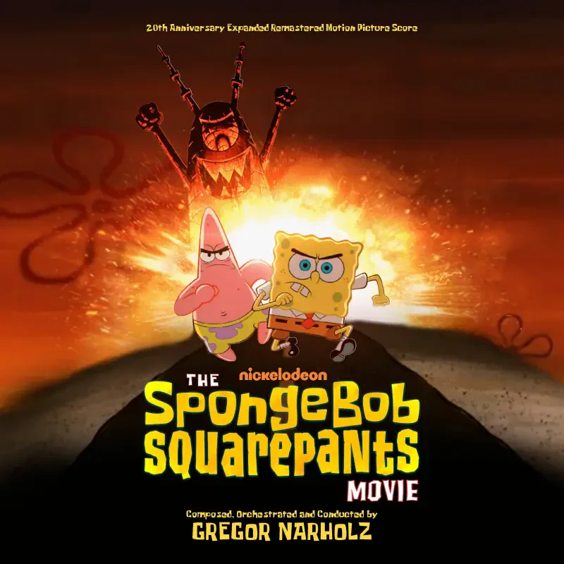 Movie poster for The SpongeBob SquarePants Movie showing SpongeBob and Patrick running from a fiery explosion as a menacing Plankton looms behind.