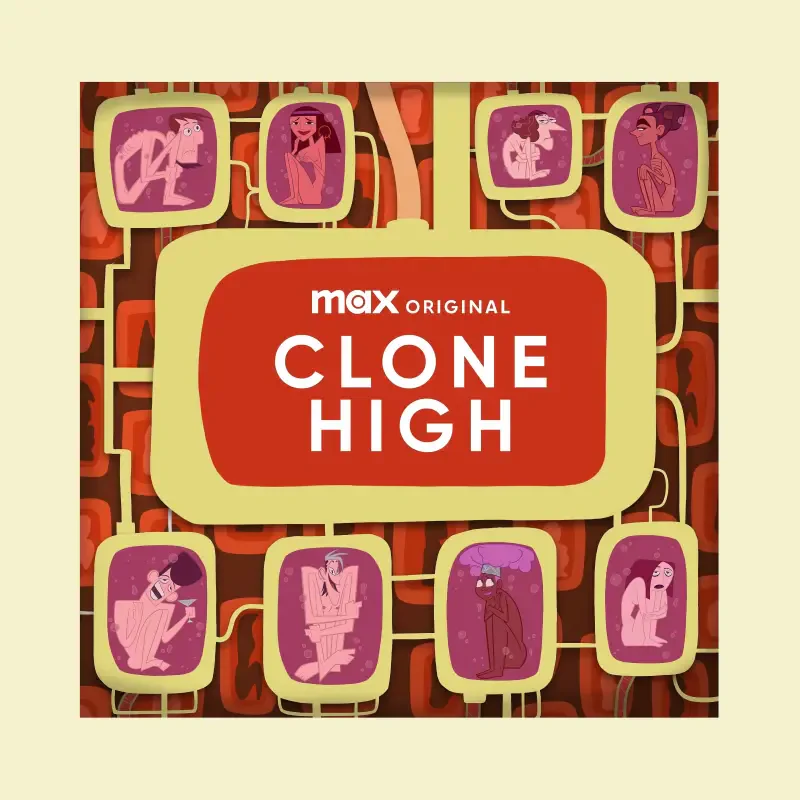 Retro poster for the Max Original TV show Clone High, featuring the title in a central red panel surrounded by vintage TV frames with stylized character silhouettes.