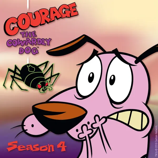 Promotional image for the TV show Courage the Cowardly Dog: anxious pink dog clutching paws, glaring at a creepy spider, bold Season 4 title and colorful logo.