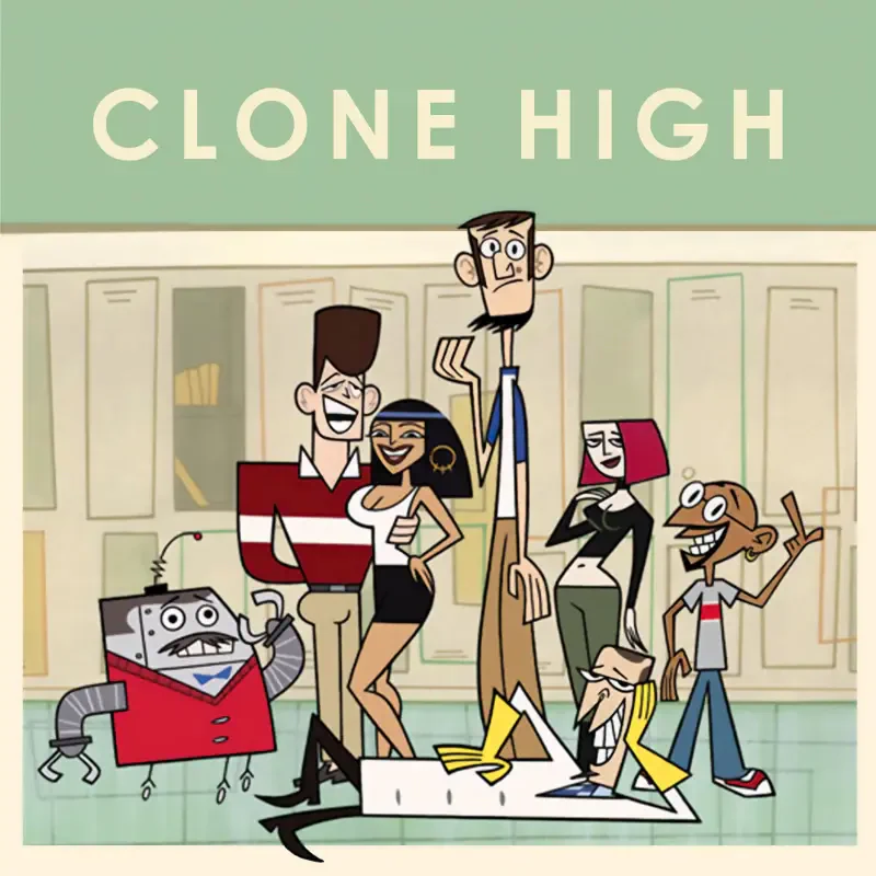 Poster for the Clone High TV show: stylized cartoon teenage clones with exaggerated features strike playful poses in a school hallway lined with lockers.