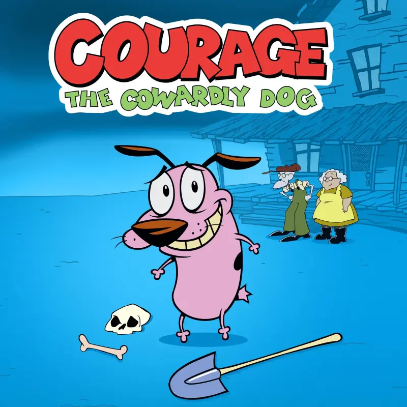 Courage the Cowardly Dog, TV show: pink dog Courage nervously stands before the farmhouse with a shovel, skull and bone, Muriel and Eustace looming behind him.
