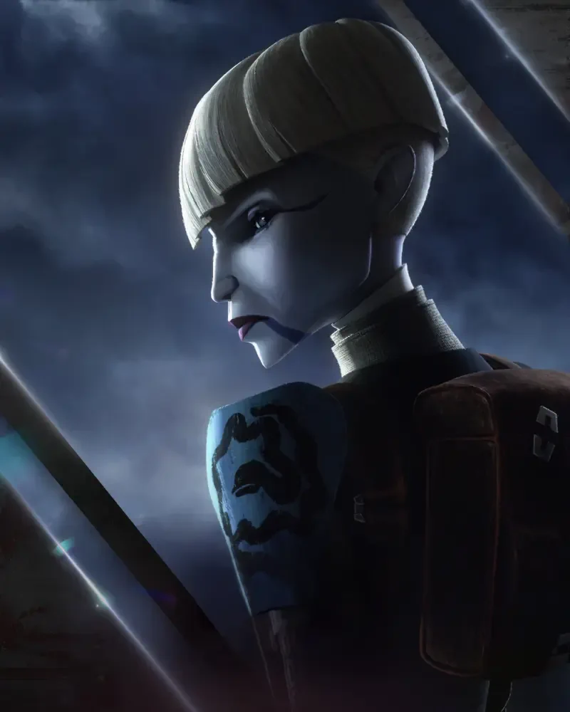 Profile of a stern, pale armored figure with a blunt bowl haircut and shoulder sigil, lit against a stormy sky — a character scene from The Bad Batch.