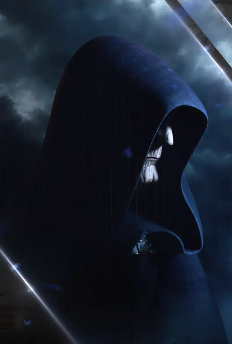 Hooded, skull-faced figure in a dark cloak beneath stormy clouds, lit by slashing beams of light — artwork from The Bad Batch.