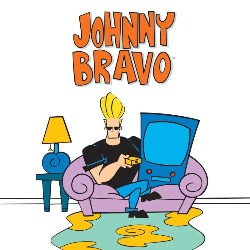 Johnny Bravo (TV show) lounging on a purple couch, blond pompadour and sunglasses, holding a remote with a retro TV and lamp nearby.