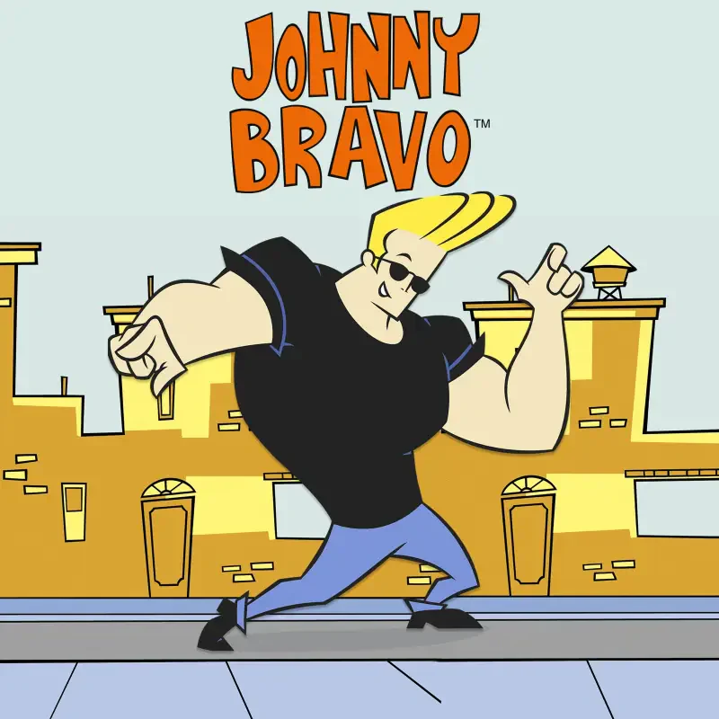 Johnny Bravo from the TV show stands on a city street in a black shirt and blue jeans, flexing with his blond pompadour and sunglasses.