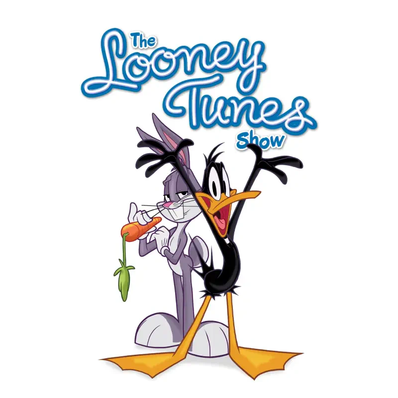 Logo for The Looney Tunes Show TV show featuring Bugs Bunny holding a carrot and Daffy Duck posing beneath a stylized blue title.