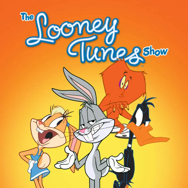 Promotional image for The Looney Tunes Show (TV show) featuring Bugs Bunny, Lola Bunny and Daffy Duck beneath the series logo on a bright orange background.