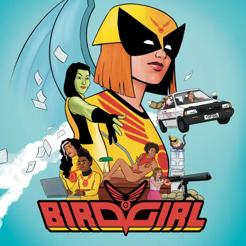 Colorful Birdgirl TV show poster: masked heroine in yellow-and-black costume with red bob, supporting cast, flying car, scattered papers, and bold logo.