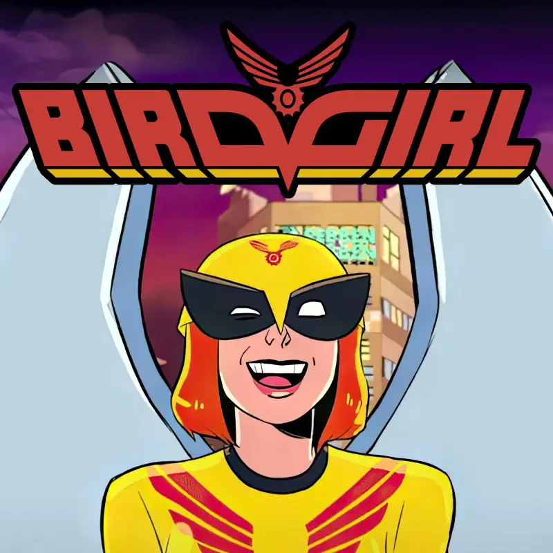 Promotional image for the Birdgirl TV show: smiling Birdgirl in a yellow-and-red costume with black eye mask, wings framing her and the show's logo above a city skyline.