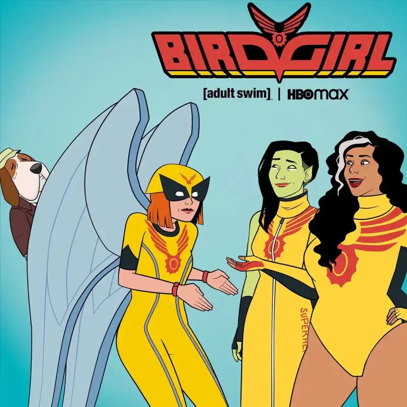 Birdgirl TV show promo: three women in yellow superhero suits, one masked with wings, standing before a teal background and the Birdgirl logo.