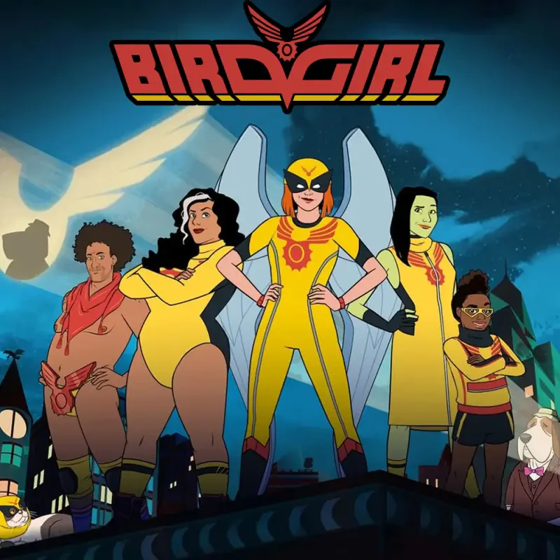 Birdgirl (TV show): Birdgirl in a yellow winged suit stands center with four diverse teammates posing heroically against a nighttime city skyline.