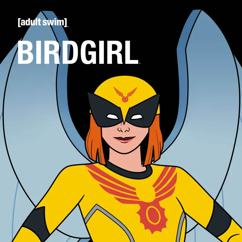 Birdgirl from the TV show: masked red‑haired heroine in a yellow, wing‑emblazoned costume standing before large stylized wings on a blue background with the adult swim logo.