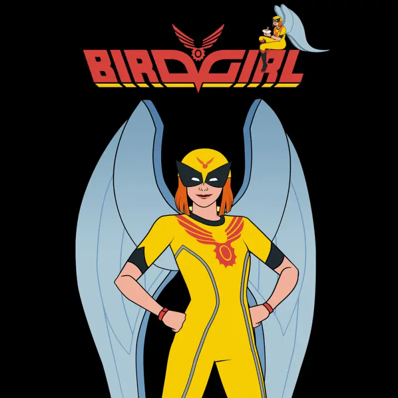 Birdgirl (TV show) poster: heroine in yellow suit with stylized blue wings and logo above, hands on hips against a black background.