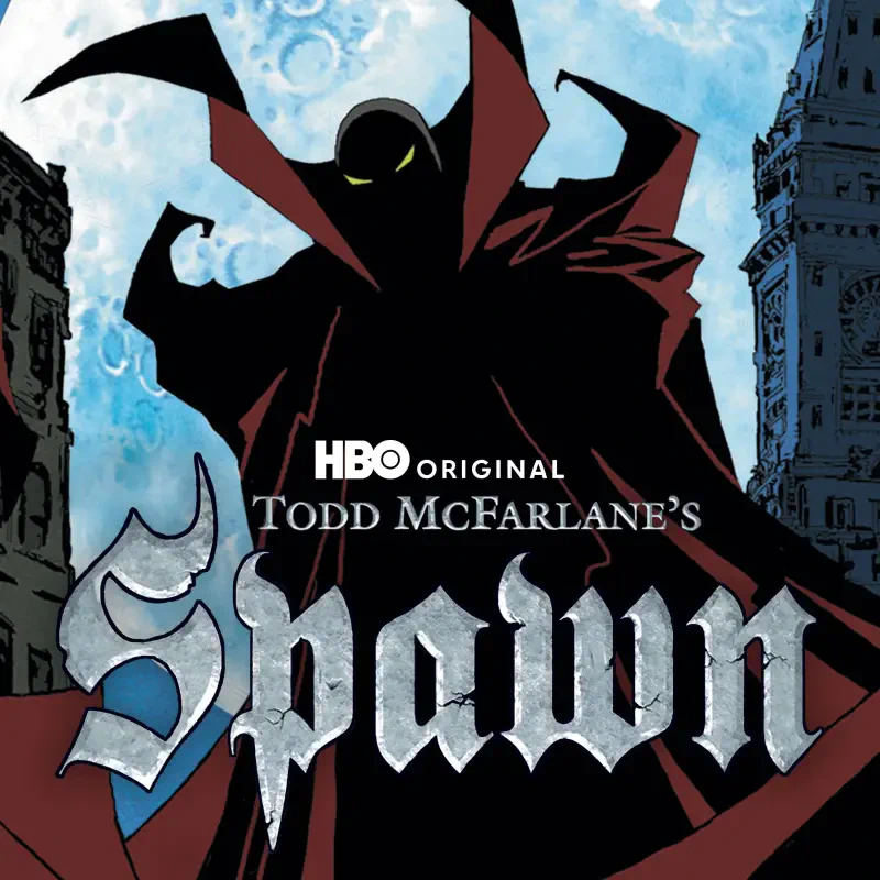 Todd McFarlane's Spawn TV show poster: silhouetted caped figure with glowing eyes and flowing red cape against a moonlit city skyline, HBO Original.