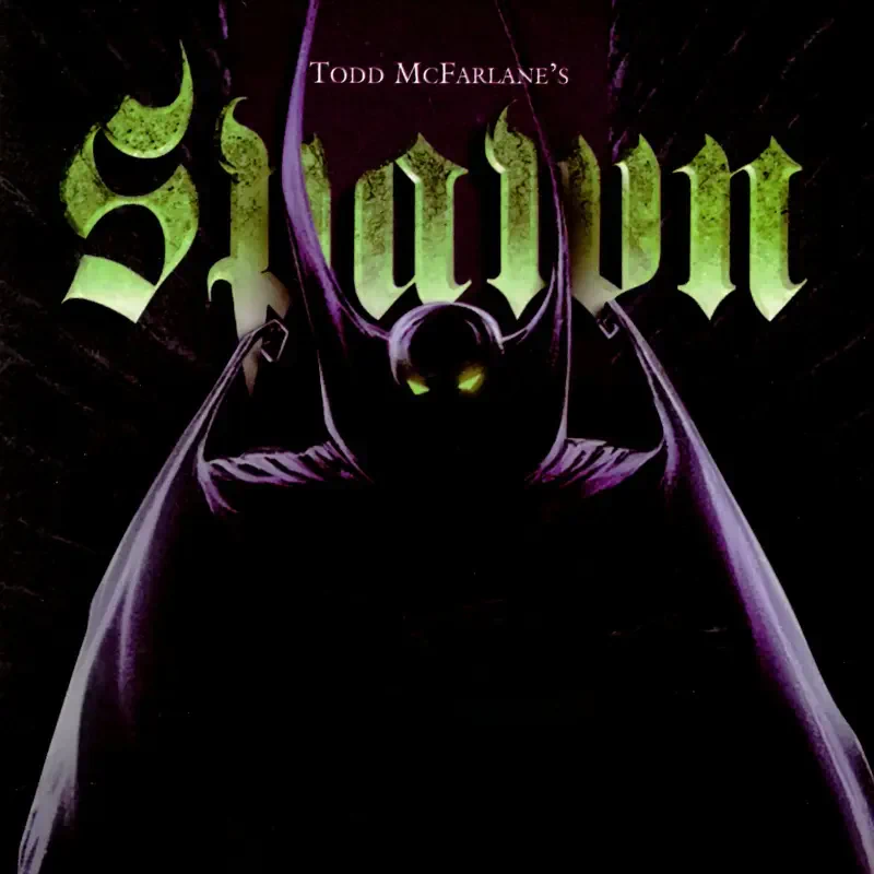 Todd McFarlane's Spawn TV show art: shadowy Spawn with glowing green eyes and billowing cape beneath a stylized green Spawn logo on a black background.