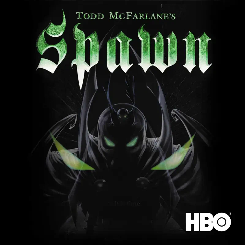 Poster for Todd McFarlane's Spawn TV show: shadowy Spawn with glowing green eyes and tattered cape beneath large green Spawn logo; HBO logo in bottom corner.