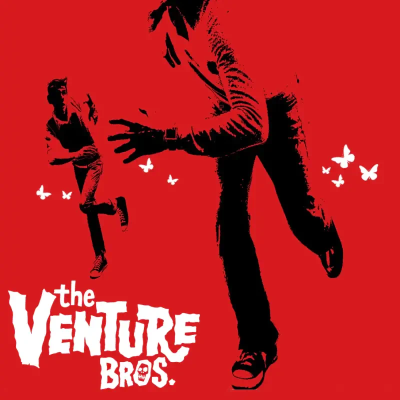 Poster for the TV show The Venture Bros.: red background with two black silhouetted figures running, white butterflies scattered and the show's white logo at lower left.