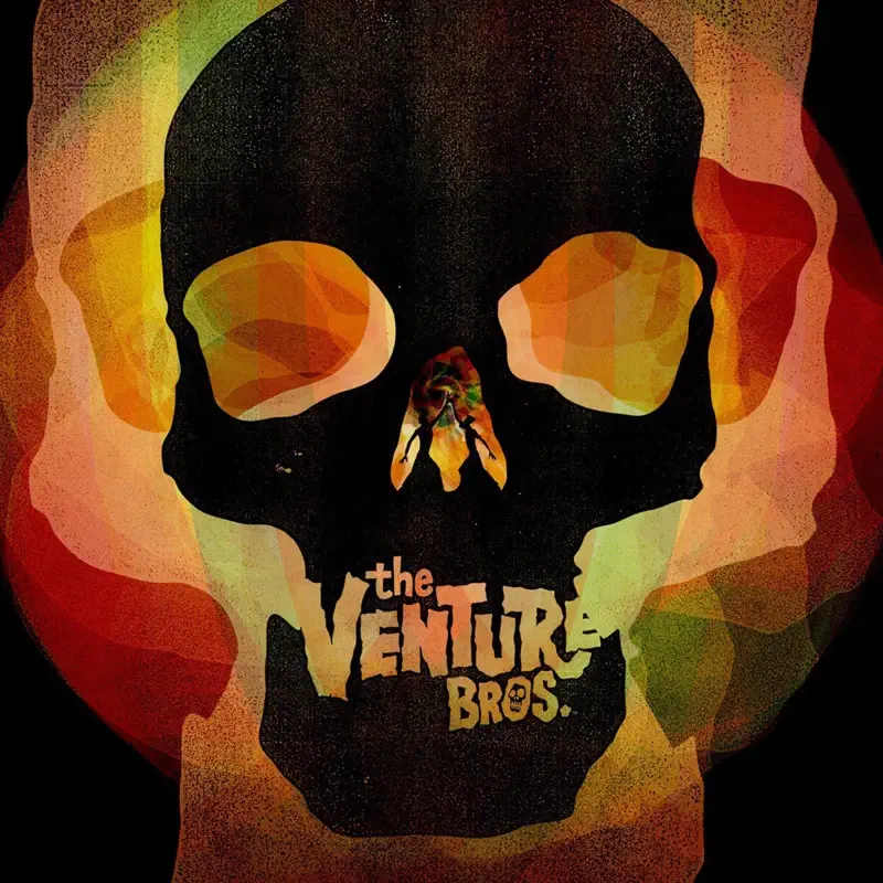 Multicolored psychedelic skull poster with The Venture Bros. logo at its center, evoking the animated TV show's dark, surreal tone.