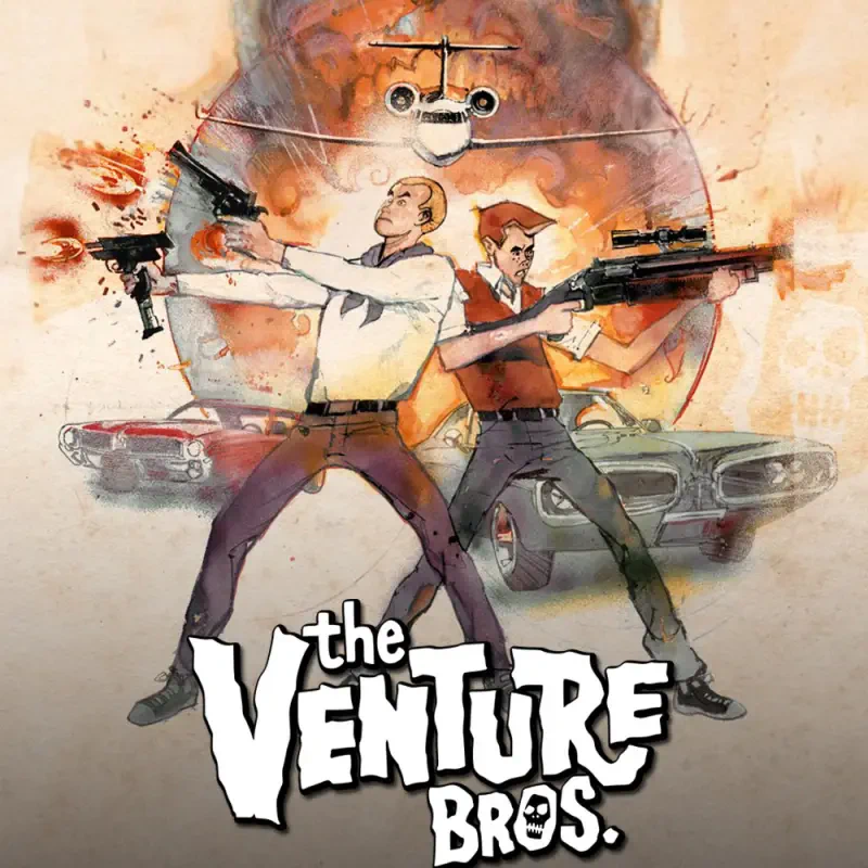 Promotional art for The Venture Bros. TV show: two characters back-to-back firing weapons, vintage cars below, jet and fiery explosion backdrop, show logo at the bottom.