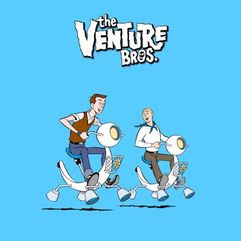 The Venture Bros. TV show logo above two animated characters riding white retro‑futuristic scooters on a bright blue background.