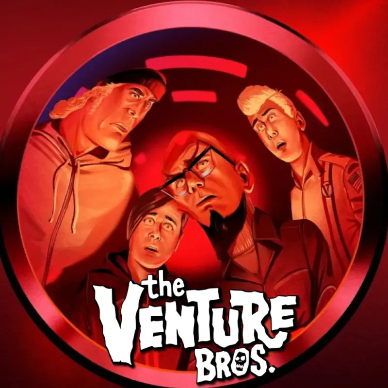 Promotional art for The Venture Bros. TV show: four characters peer up through a red circular frame, bathed in dramatic red light, with the show's logo at the bottom.