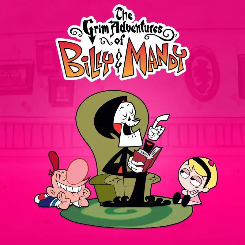 The Grim Adventures of Billy & Mandy logo and characters: Grim reading in an armchair, Billy laughing at his feet and Mandy smirking on a pink background.