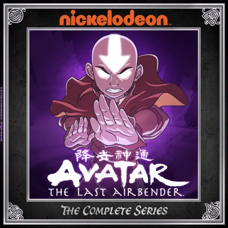 Avatar: The Last Airbender TV show cover art — Aang with a glowing arrow on his forehead, hands extended in a bending pose against a purple backdrop, Nickelodeon logo above.