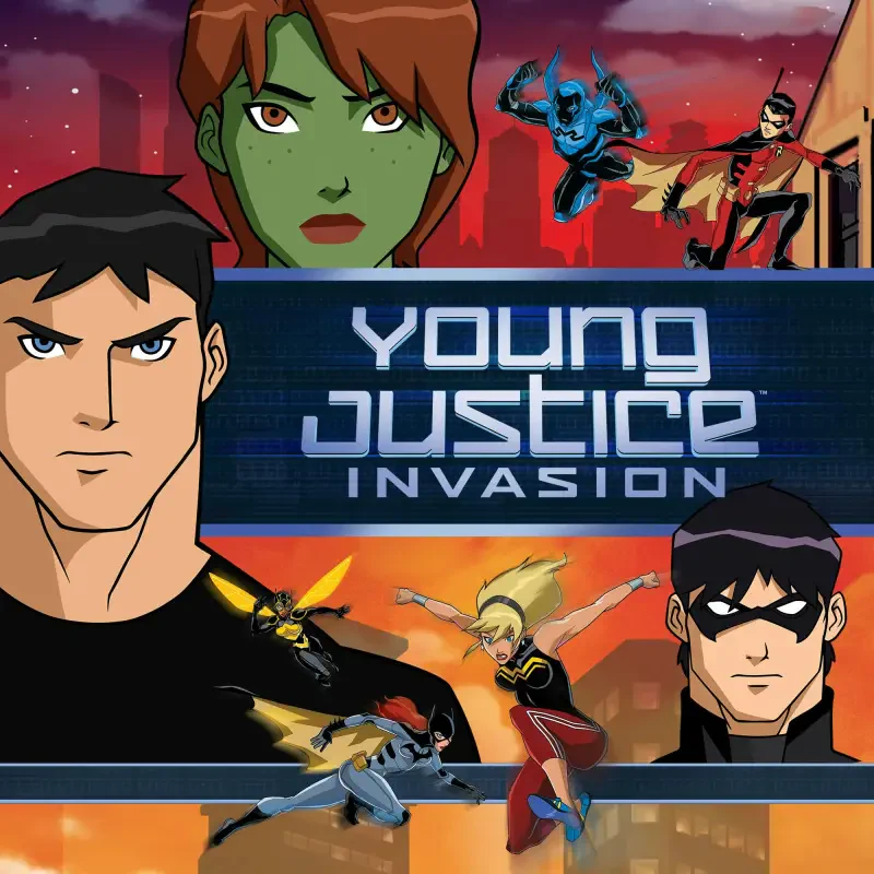 Young Justice TV show promo: animated teenage heroes surround the Young Justice: Invasion logo against a red city skyline backdrop.