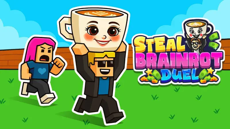 Colorful cartoon from Steal Brainrot Duel: blocky hero carries a smiling coffee-cup Ballerina Cappucina while another character chases across a grassy field, game logo at right.
