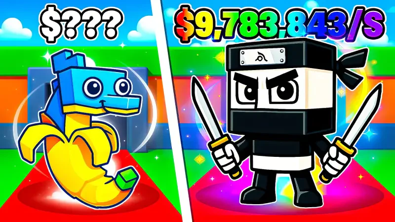 Steal a Brainrot, Roblox — split-screen: blue-headed yellow snake pet with $??? on left; black-and-white boxy ninja holding two knives and $9,783,843/s on right.
