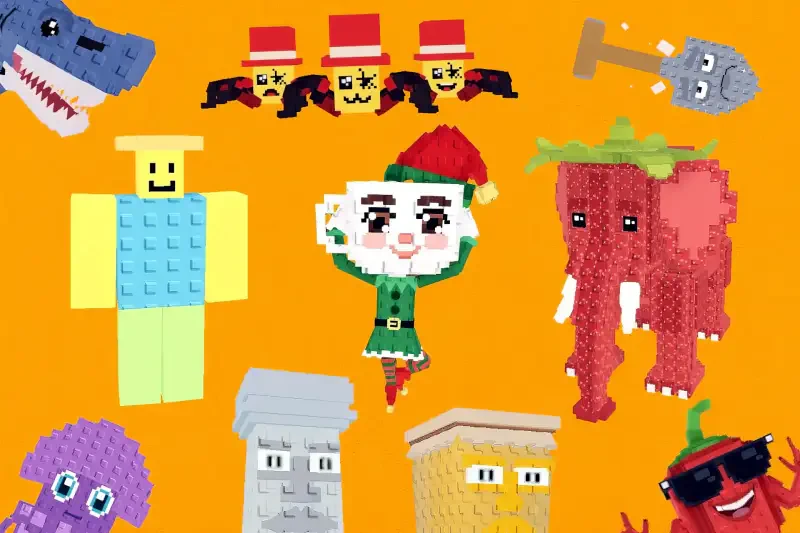 Bright orange background of blocky toy characters—elf, pink elephant, smiley yellow figure, shark, octopus, stone pillars, skulls and sunglasses-wearing chili—titled Steal a Brainrot.