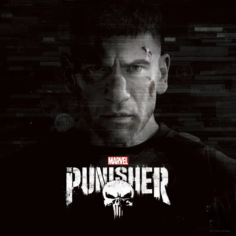 Promotional TV show image for Marvel's The Punisher: a grim, scarred man stares forward above the show's skull logo in gritty black-and-white.