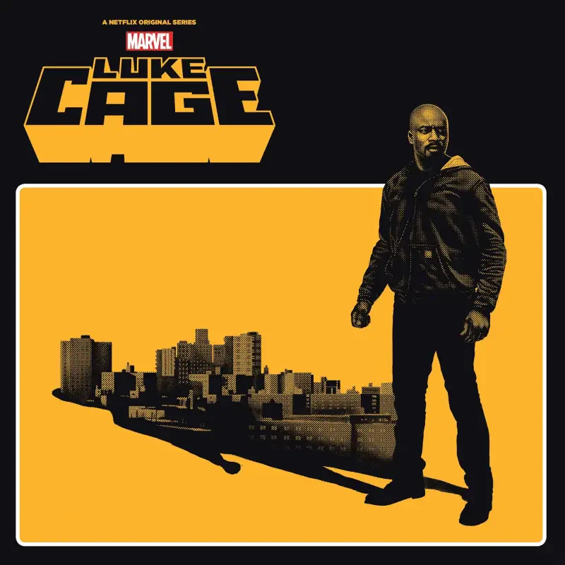 Luke Cage TV show poster: the titular hero in a leather jacket stands on an orange field, his shadow forming a Harlem skyline beneath the Marvel/Luke Cage logo.
