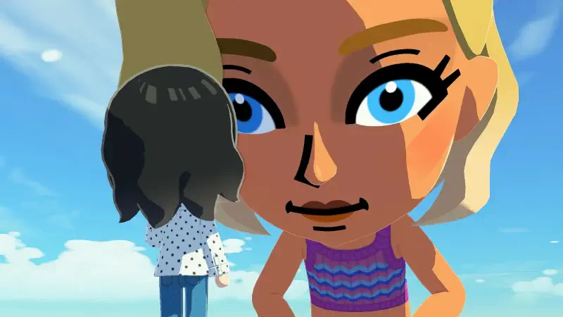 Tomodachi Life: close-up of a blonde Mii with bright blue eyes and a purple striped top, another dark-haired Mii seen from behind against a sunny sky and ocean horizon.